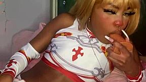 Asuna, in cosplay costume, pleads for attention before the mission