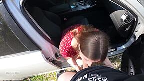 I seduced my driver and gave him a sloppy blowjob outdoors, swallowing every drop while he roughly fucked my face.