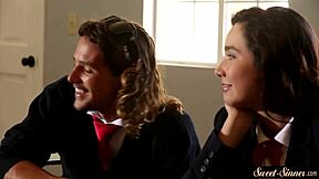 Slutty stepsister rides cock with wild passion in taboo fantasy.