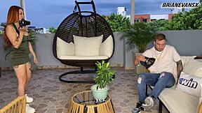 Andrea Castro, horny redhead photographer, seduces Brian Evansx with big tits