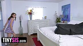 Petite Brunette Step Sister Rides Big Cock in Bedroom, Gets Facial Cumshot