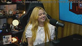 Branquinha from Viamms shows off on podcast table in tiny panties