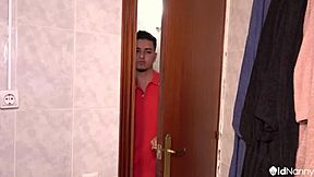 curvy milf gets doggy from horny guy in bath