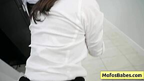 Slutty office milf with big round natural boobs gets titty fucked by monster cock at work.