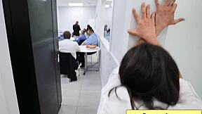 Slutty office milf with big round natural boobs gets titty fucked by monster cock at work.