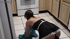 Petite Amateur Milf Serves as Slave with Anal Tail Plug for DP Creampie