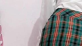 Mexican teen in uniform masturbates hard for real amateur creampie.