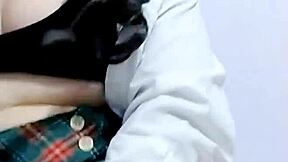 Mexican teen in uniform masturbates hard for real amateur creampie.