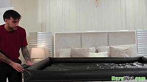 Teen ebony Ameena Green teases boyfriend with nuru massage.