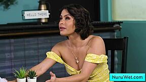 busty masseuse prepares client for wet nuru massage with seth gamble and nicole aria