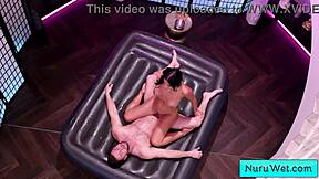 brunette masseuse covers massive tits with nuru gel, fucks client seth gamble
