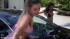 Mercedes car wash turns into wet fucking. Is cute pornstar ready for outdoor action?