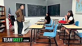 Risky Teacher Bangs Two Asian Students in Class