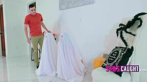 step-sis slutfest halloween fuckfest. mff teen 18+ petite 18+