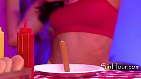 Hotdog eating contest where Dkye gets her strapon wet with horny lesbian action.