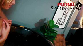 In the close-up, pretty gabily moans during orgasm bent over in cowgirl position, tan lines and big ass visible