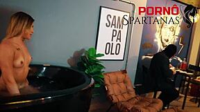 In the close-up, pretty gabily moans during orgasm bent over in cowgirl position, tan lines and big ass visible