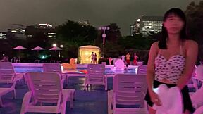 Japanese Babe with Huge Tits Rides Hard at Night Pool. Pure Close-Up Action!