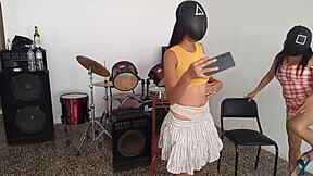 short horny girl and skinny dark roommate wait for man at home