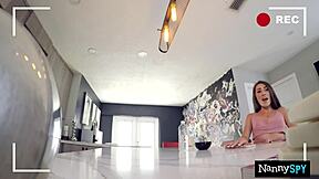 Nanny intensely massages boss's monster cock then rides it.