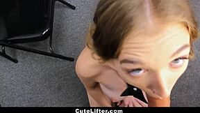 Gorgeous nerdy thief getting banged over the security office table.