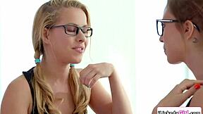 Nerdy girl intensely tribs and licks pussy in lesbian action