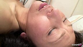 boy tricks old japanese gilf into raw creampie action