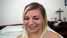 Alex, cute petite blonde, delivers pov blowjob and takes huge cum load!