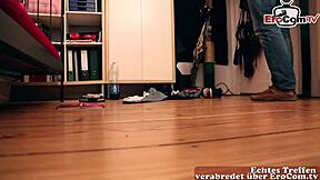 Skinny European girlfriend caught masturbating by friend and gets fucked hard