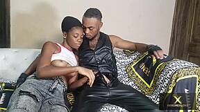 Hot black teen 18+ fucked by big fat dick biker guy on the sofa!