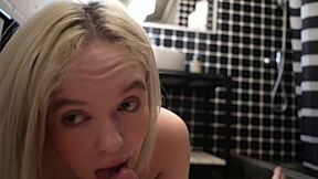 Blonde friend sucks cock deeply in homemade blowjob, cum covered and beautiful