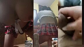 during a video call, a busty trans babe in miniskirt gets her tight ass fucked by a big black monster cock while wearing socks
