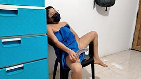 young girl plays with dildo after shower, moaning softly in the bathroom