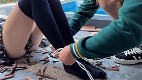 Girl in Stockings Gets Tied Up and Tickled Outdoors