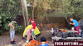 Three boys freeusing hot chick during camping trip