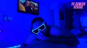Submissive Stepson Deepthroats Cock In Neon Room, Gagging And Spitting