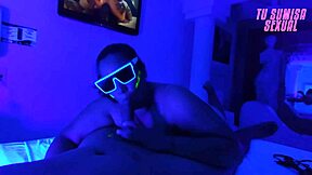 Submissive Stepson Deepthroats Cock In Neon Room, Gagging And Spitting