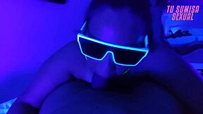 Submissive Stepson Deepthroats Cock In Neon Room, Gagging And Spitting