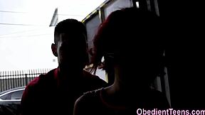 Handcuffed teen slammed hard in wild group fetish action.