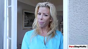 lovely milf strokes hunky guy's huge cock with her hands