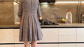 Cheating with wife's boss in kitchen real quick!