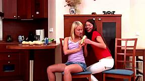 Blonde and brunette lesbians eat each other's pussies out.