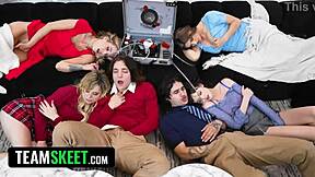 foursome with cute bubble butt sluts learning to ride cock for team spot