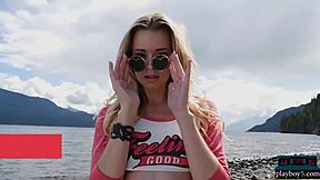 Petite blonde MILF says 'watch me undress outdoors for Playboy'