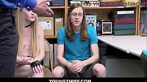 Skinny shoplifter Emma Starletto fucked by guard as boyfriend watches