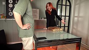 Redhead delivery girl steals pizza, gets ROUGHLY FUCKED as punishment