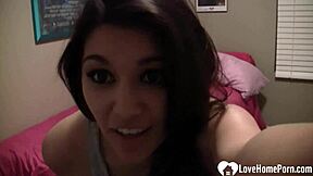 Shaved young teen masturbates hard to cum