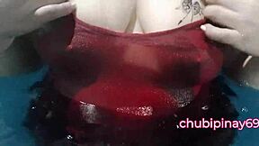 Chubby mommy flashes her natural tits in the public swimming pool, exposing her sexy pussy to onlookers