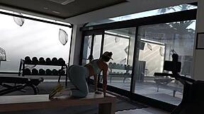 Fit teen with bubble butt bangs trainer after gym workout