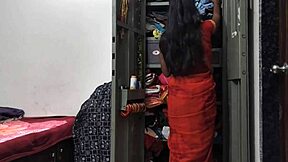 maid cleaning cupboard when owner came and took her hard